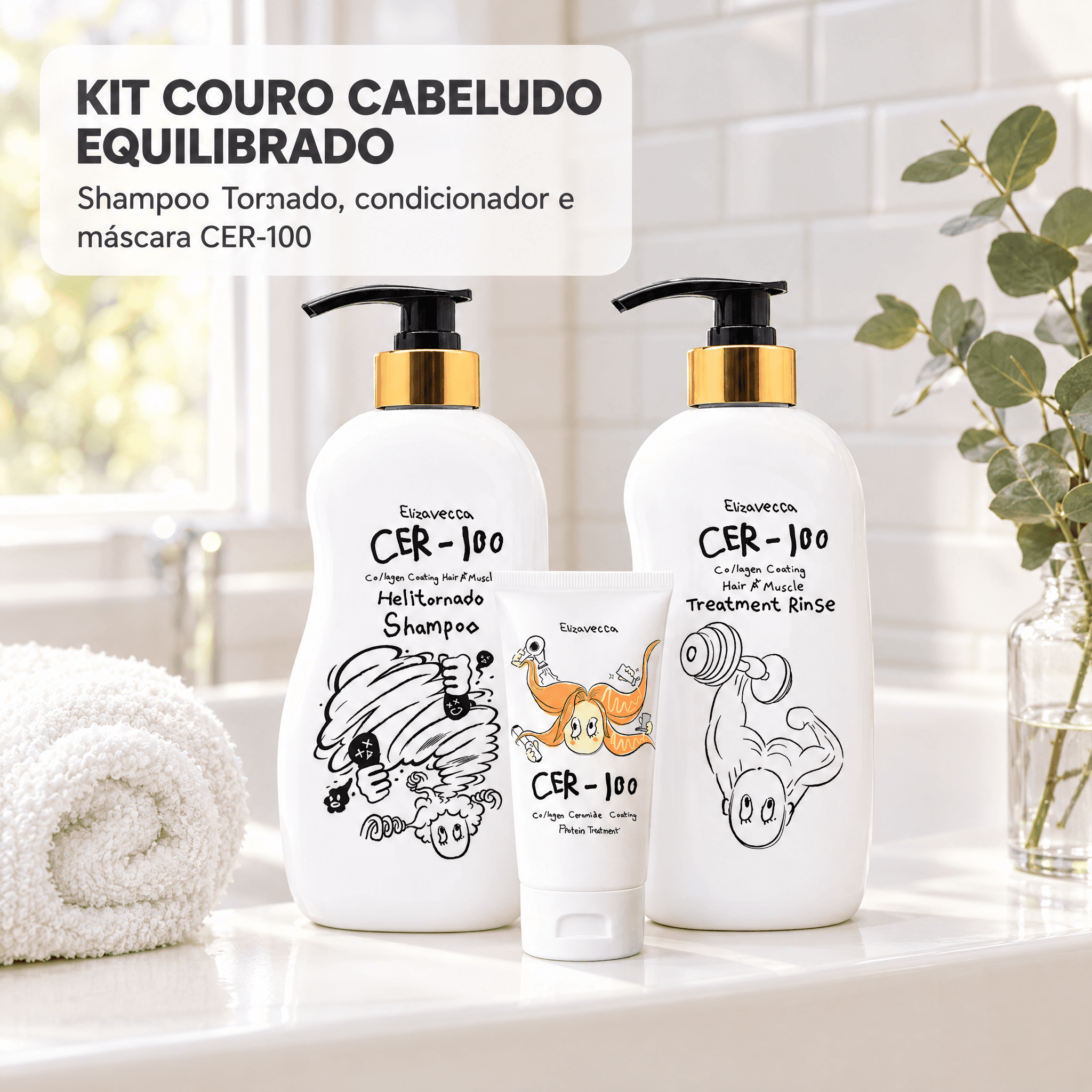 Kit Couro Cabeludo Equilibrado CER-100 — produtos no banheiro