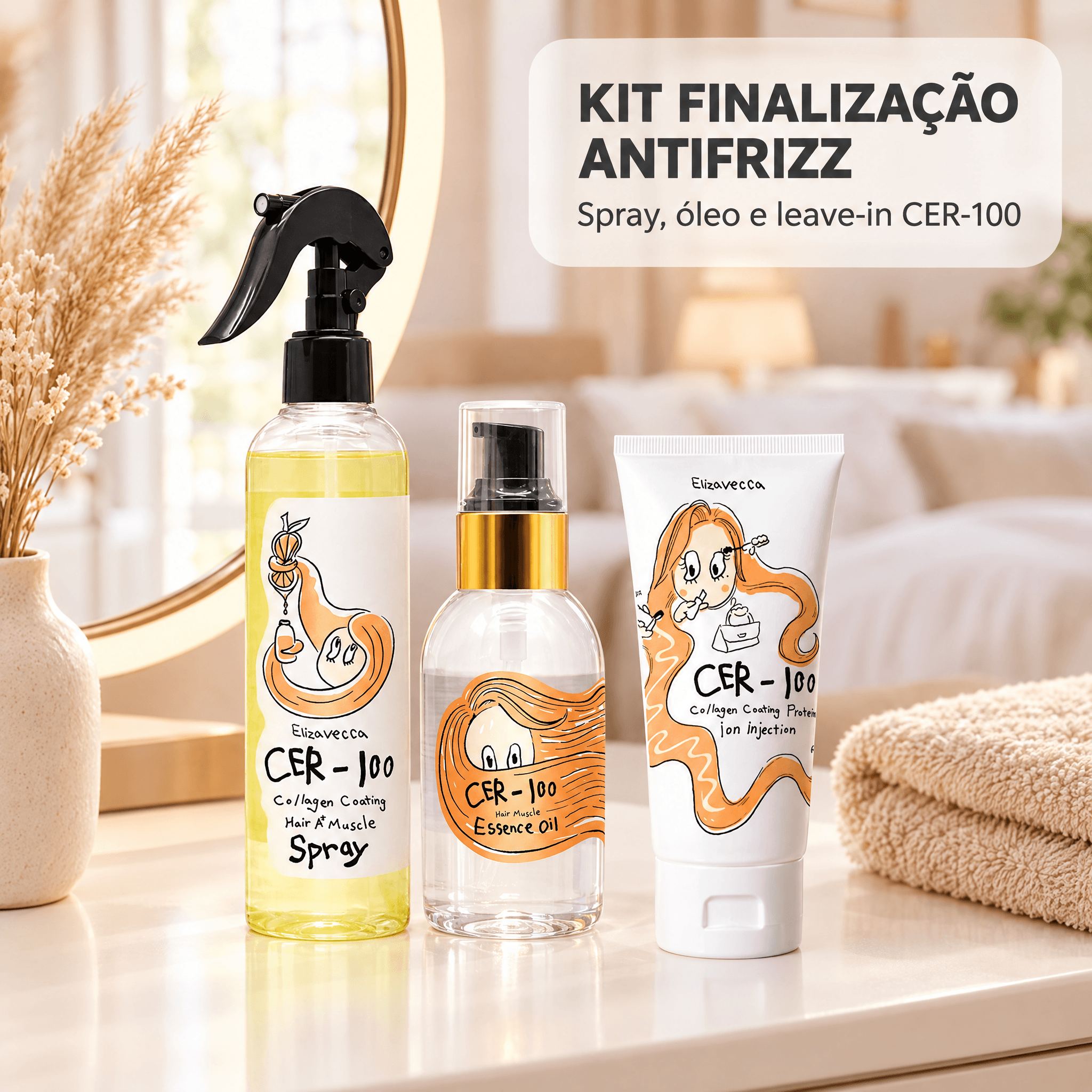 Kit Finalização Antifrizz CER-100 — produtos no banheiro